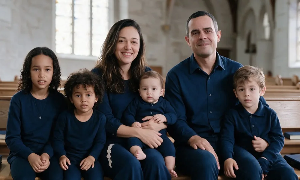 Gustavo, a esposa e os quatro filhos sentados num banco de igreja